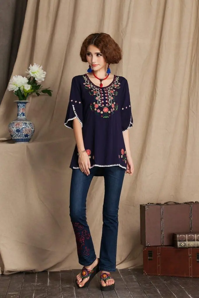 Ashir Aley Girls Embroidered Peasant Tops Mexican Bohemian Blouses Navy Blue 8-10 | Floral Embroidery, Cotton, Casual Fit - view 3