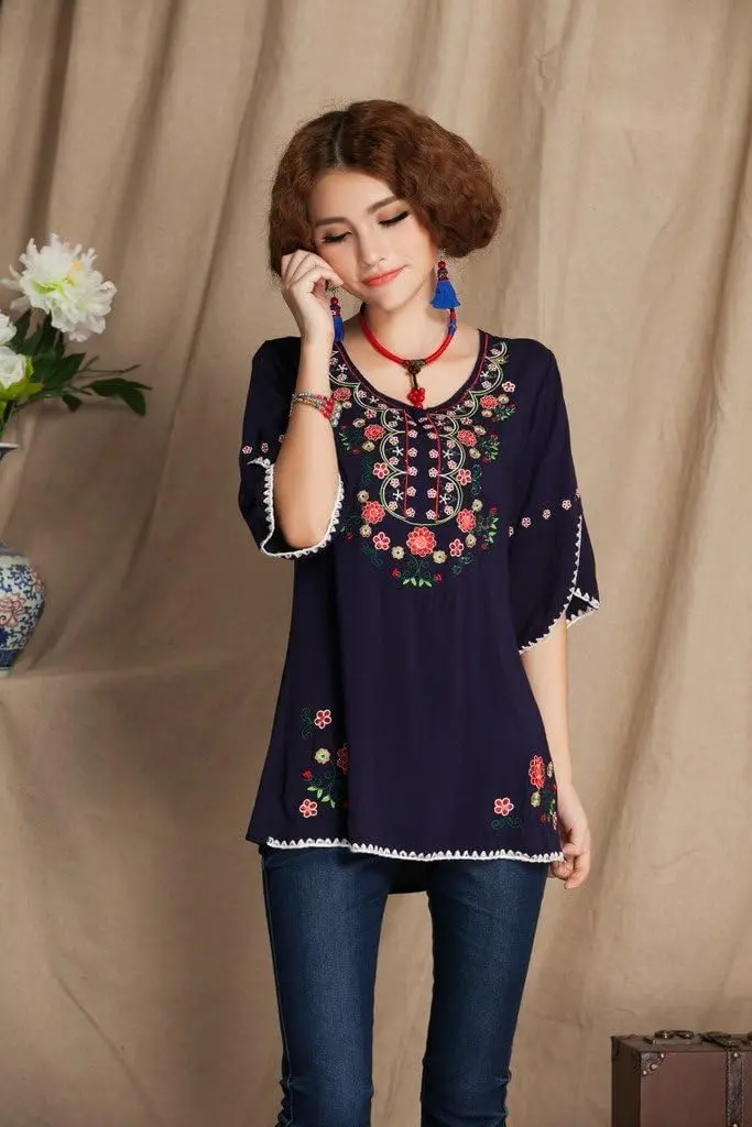 Ashir Aley Girls Embroidered Peasant Tops Mexican Bohemian Blouses Navy Blue 8-10 | Floral Embroidery, Cotton, Casual Fit - view 4