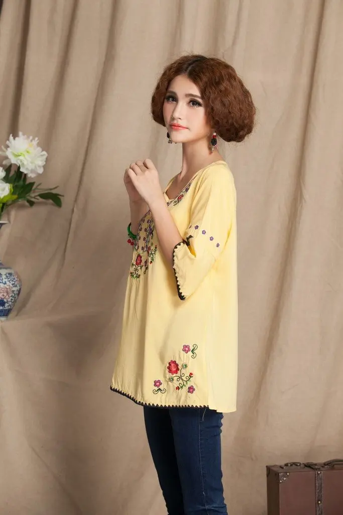 Ashir Aley Girls Embroidered Peasant Top Medium Yellow | Boho Mexican Blouse for Summer - view 3