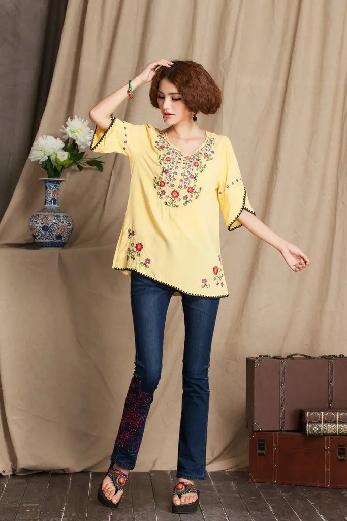 Ashir Aley Girls Embroidered Peasant Top Medium Yellow | Boho Mexican Blouse for Summer - view 4