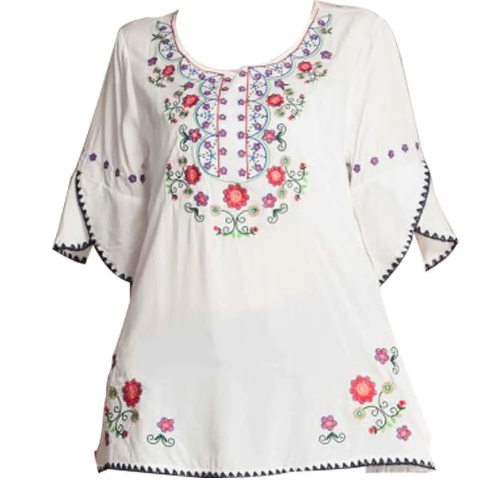 Ashir Aley Girls Embroidered Peasant Top Large White | Bohemian Cotton Blouse for Summer - main product image