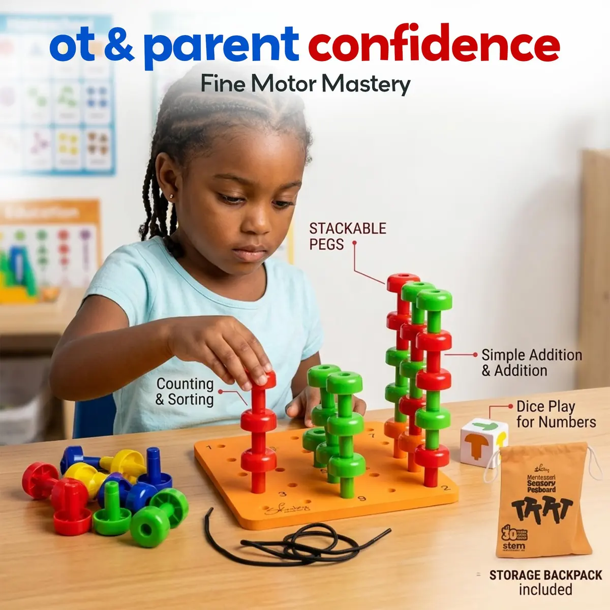 Skoolzy Peg Board Set Montessori Toys for 2 Year Old 33 Pc Peg Board with 30 Pegs & Storage Bag | ASTM-Tested Educational Toy - view 5