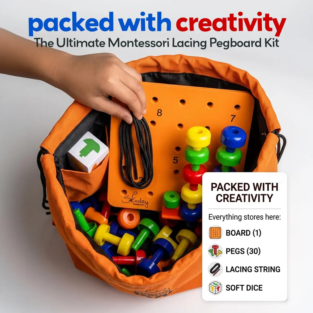Skoolzy Peg Board Set Montessori Toys for 2 Year Old 33 Pc Peg Board with 30 Pegs & Storage Bag | ASTM-Tested Educational Toy - view 2
