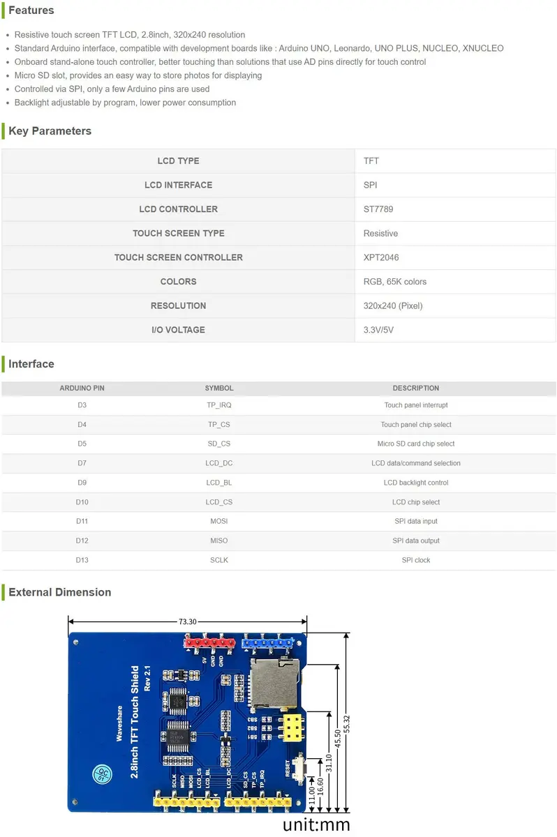 waveshare 2.8 inch TFT Resistive Touch LCD Shield 320×240 | Arduino Compatible Display - view 3