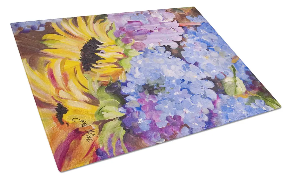 Caroline's Treasures Hydrangeas and Sunflowers Glass Cutting Board 12"L x 12"W | Artistic Tempered Glass Kitchen Decor - main product image