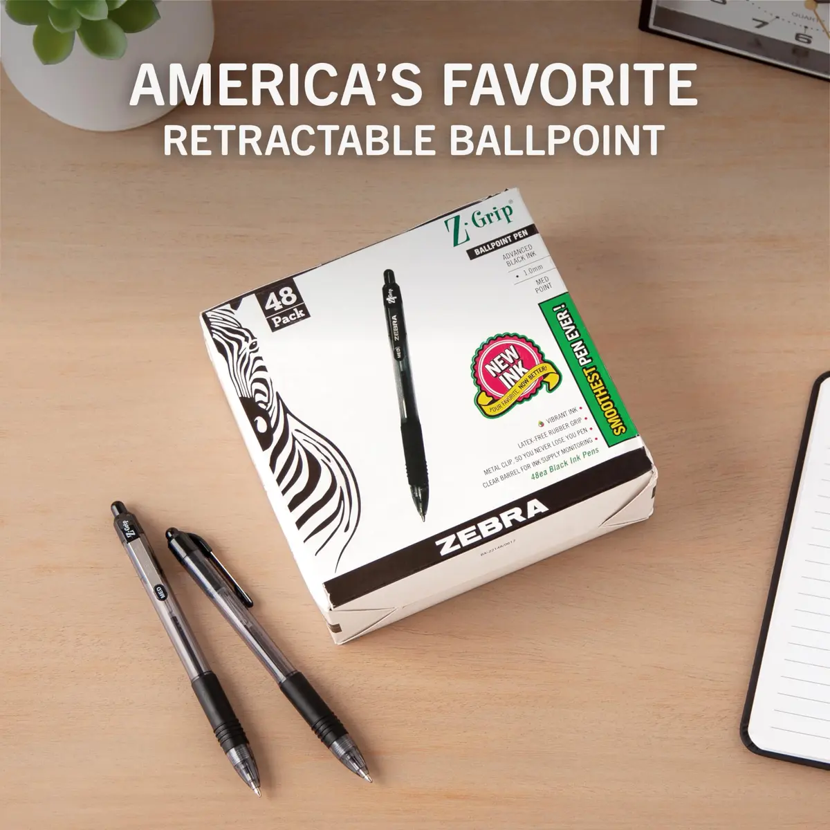 Zebra Pen Z-Grip Retractable Ballpoint Pens, Black Ink, 1.0mm Medium Point, 48 Bulk-Pack | Smooth Writing for Students & Professionals - view 2