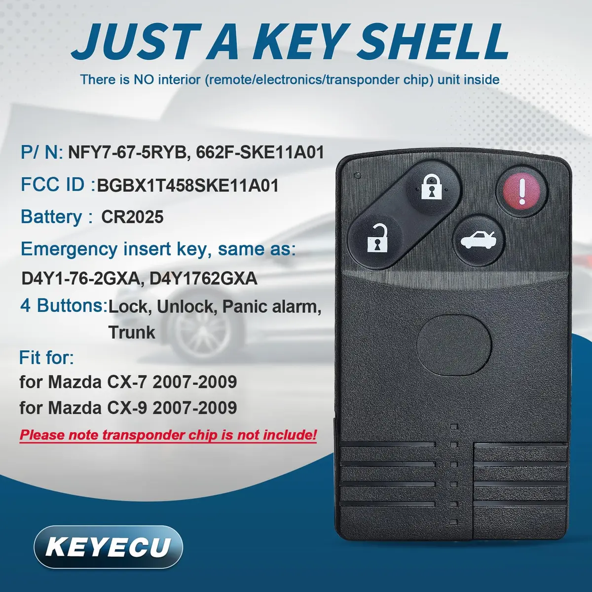 Keyecu Smart Card Remote Key Shell Case for Mazda 5 6 CX-7 CX-9 RX8 Miata 3+1 Button | Durable Plastic Cover for Mazda Key - view 2