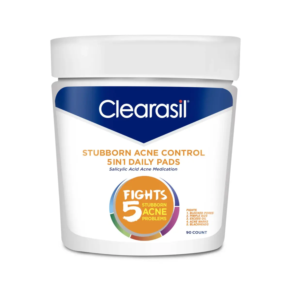 Clearasil Stubborn Acne Control 5in1 Daily Facial Cleansing Pads with Salicylic Acid 90 Count - main product image
