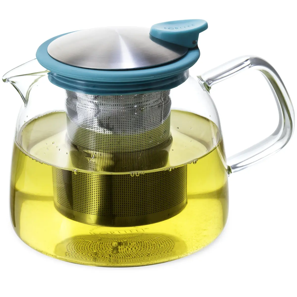 FORLIFE Bell Glass Teapot with Basket Infuser 24 oz./730 mL Turquoise | Elegant Borosilicate Design - main product image