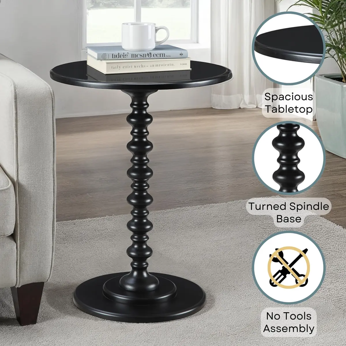 Convenience Concepts Palm Beach Spindle Table 17.75" Black | Classic Round End Table for Living Room - view 4
