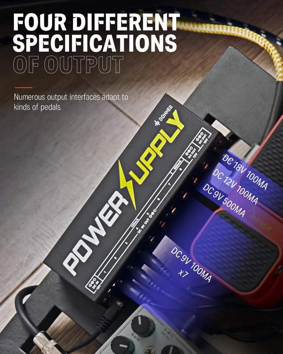 Donner DP-1 Guitar Power Supply 10 Isolated DC Outputs for 9V/12V/18V Effect Pedals | Powers 10 Pedals with Short-Circuit Protection - view 5