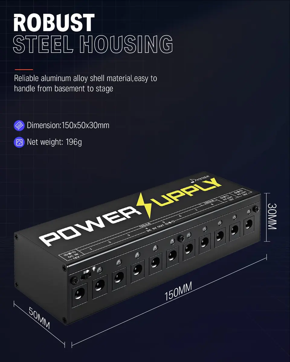 Donner DP-1 Guitar Power Supply 10 Isolated DC Outputs for 9V/12V/18V Effect Pedals | Powers 10 Pedals with Short-Circuit Protection - view 6