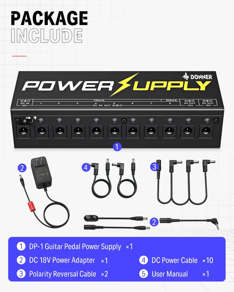 Donner DP-1 Guitar Power Supply 10 Isolated DC Outputs for 9V/12V/18V Effect Pedals | Powers 10 Pedals with Short-Circuit Protection - view 7