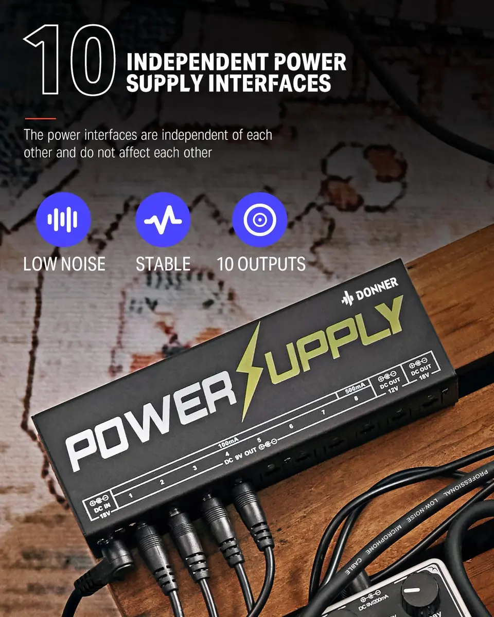 Donner DP-1 Guitar Power Supply 10 Isolated DC Outputs for 9V/12V/18V Effect Pedals | Powers 10 Pedals with Short-Circuit Protection - view 2