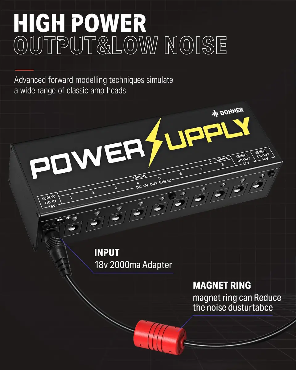 Donner DP-1 Guitar Power Supply 10 Isolated DC Outputs for 9V/12V/18V Effect Pedals | Powers 10 Pedals with Short-Circuit Protection - view 3