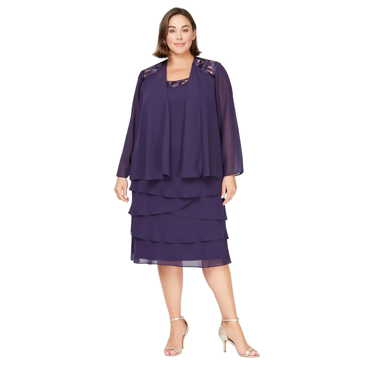 S.L. Fashions Plus-Size Sequin Chiffon Jacket & Special Occasion Dress | Elegant Eggplant 20 - main product image