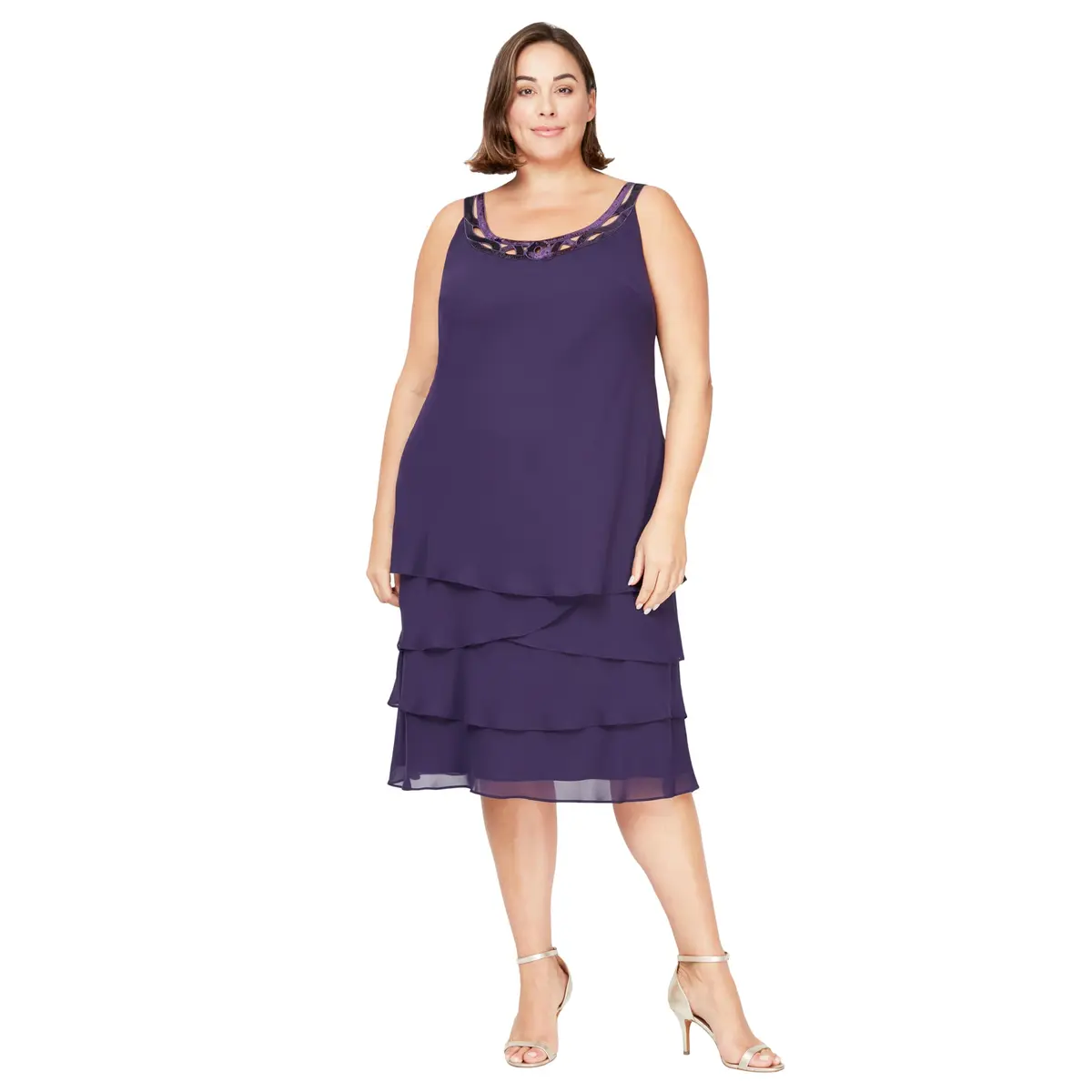 S.L. Fashions Plus-Size Sequin Chiffon Jacket & Special Occasion Dress | Elegant Eggplant 20 - view 3