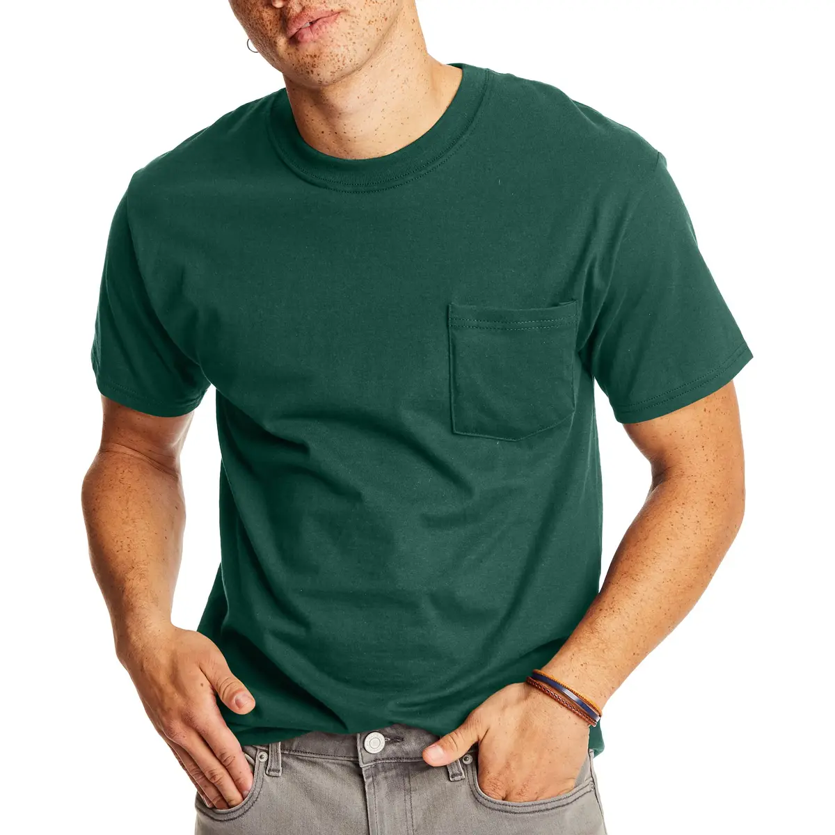 Hanes Men's Short Sleeve Beefy-T with Pocket, Deep Forest, Small | Heavyweight Cotton, Classic Fit - main product image