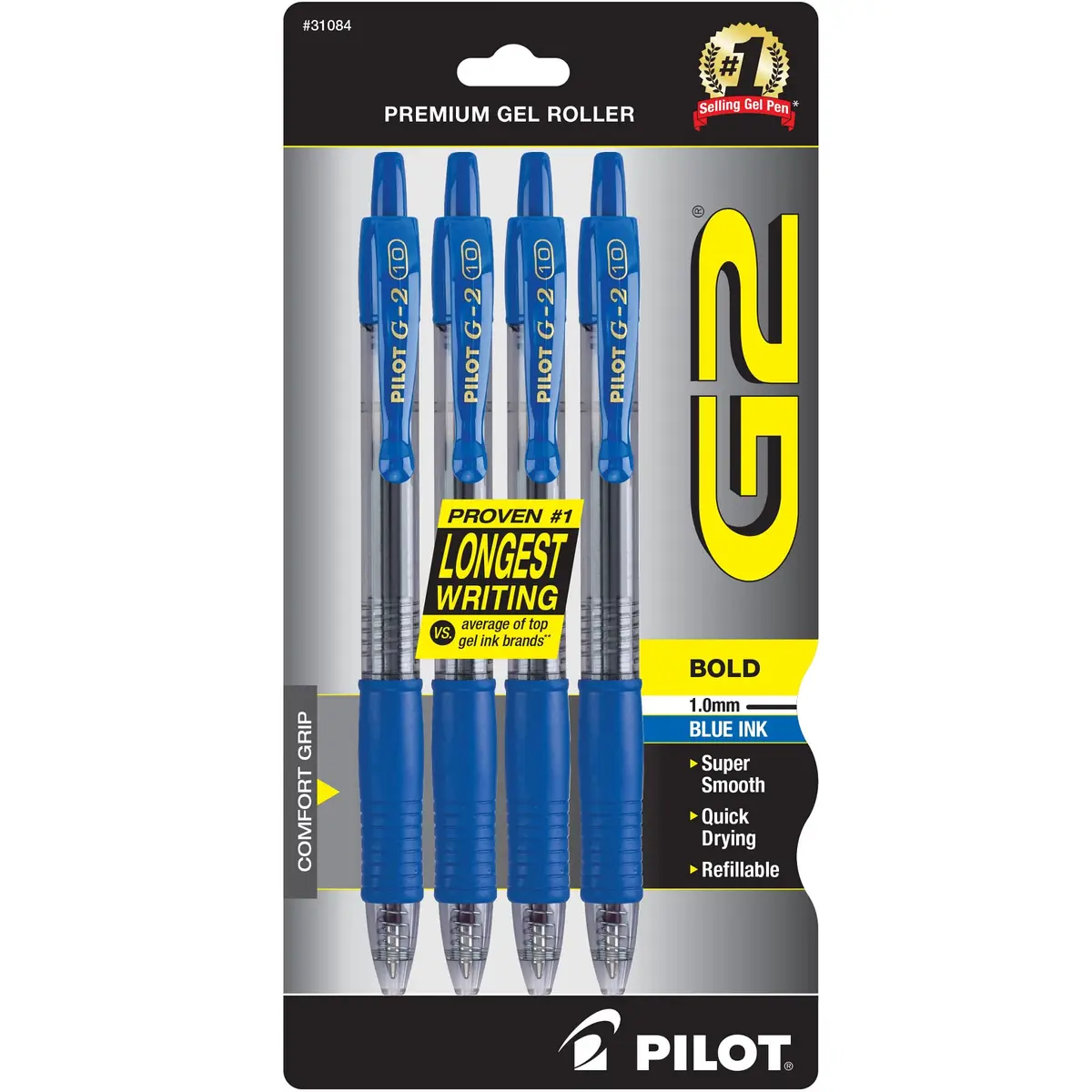 PILOT G2 Premium Gel Pens 1.0mm | Bold Blue Ink, Pack of 4, Long-Lasting & Refillable - main product image