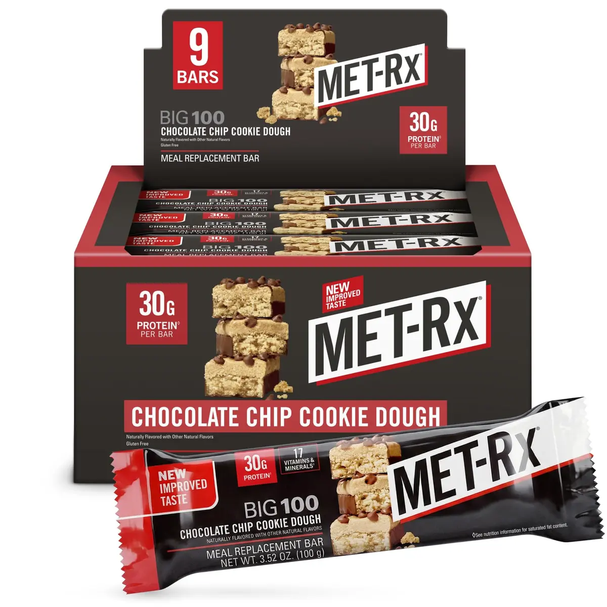 MET-Rx Big 100 Protein Bars, Chocolate Chip Cookie Dough | 30g Protein, High-Quality Snack for Muscle Support - main product image