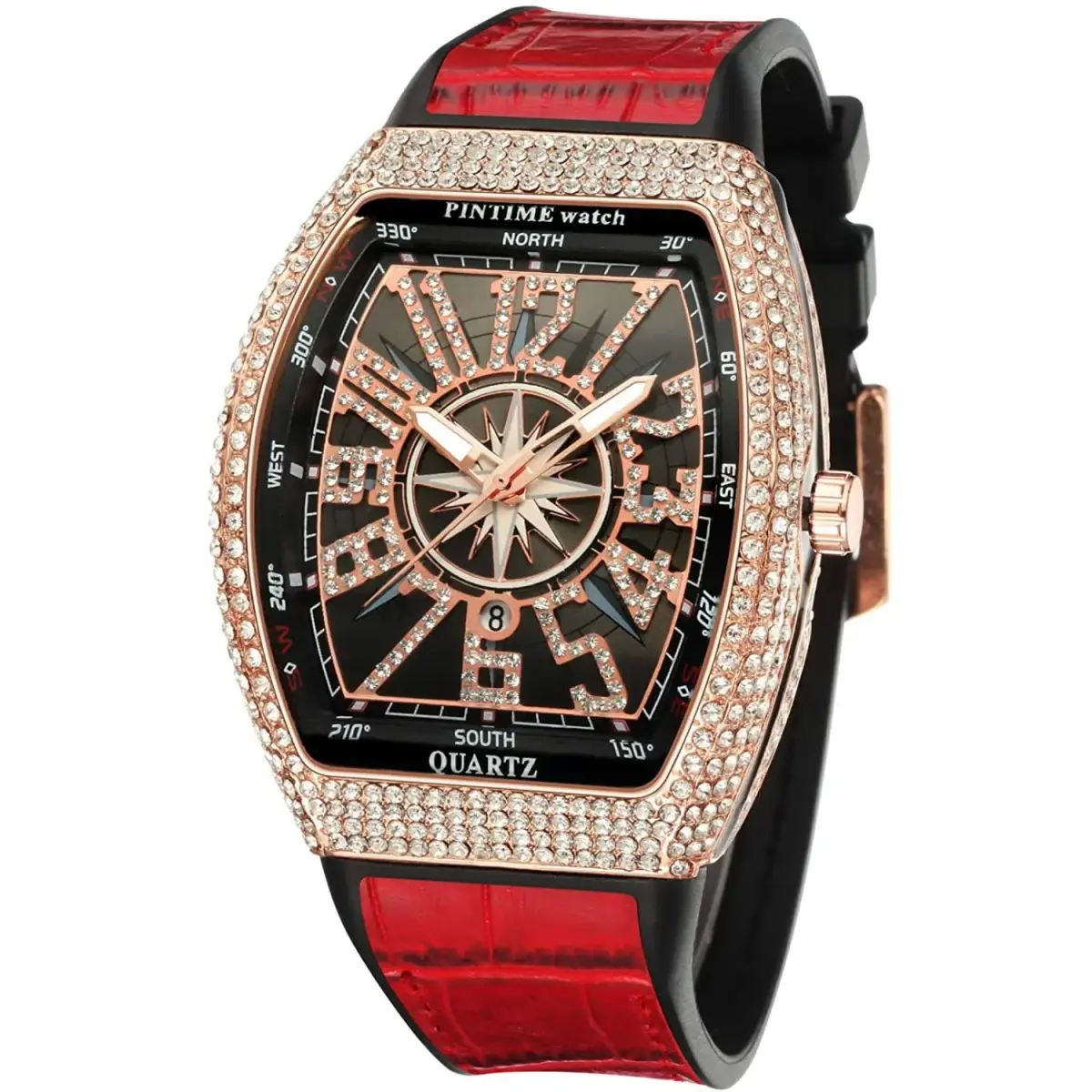 FANMIS Men's Rectangle Skull Watch 47mm (Rose Red) | Bling Diamond Dial Quartz - main product image