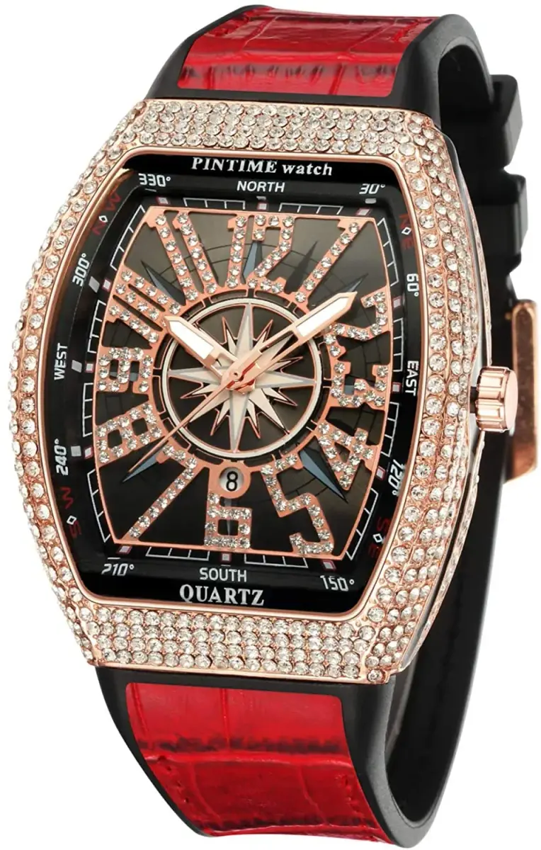 FANMIS Men's Rectangle Skull Watch 47mm (Rose Red) | Bling Diamond Dial Quartz - main product image