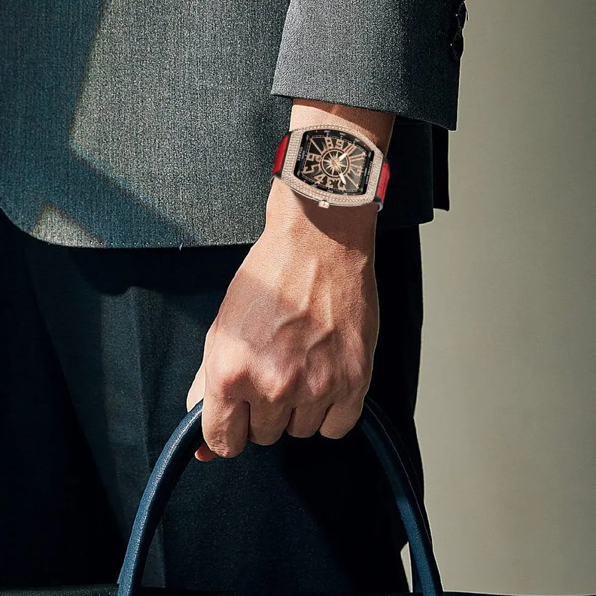 FANMIS Men's Rectangle Skull Watch 47mm (Rose Red) | Bling Diamond Dial Quartz - view 5