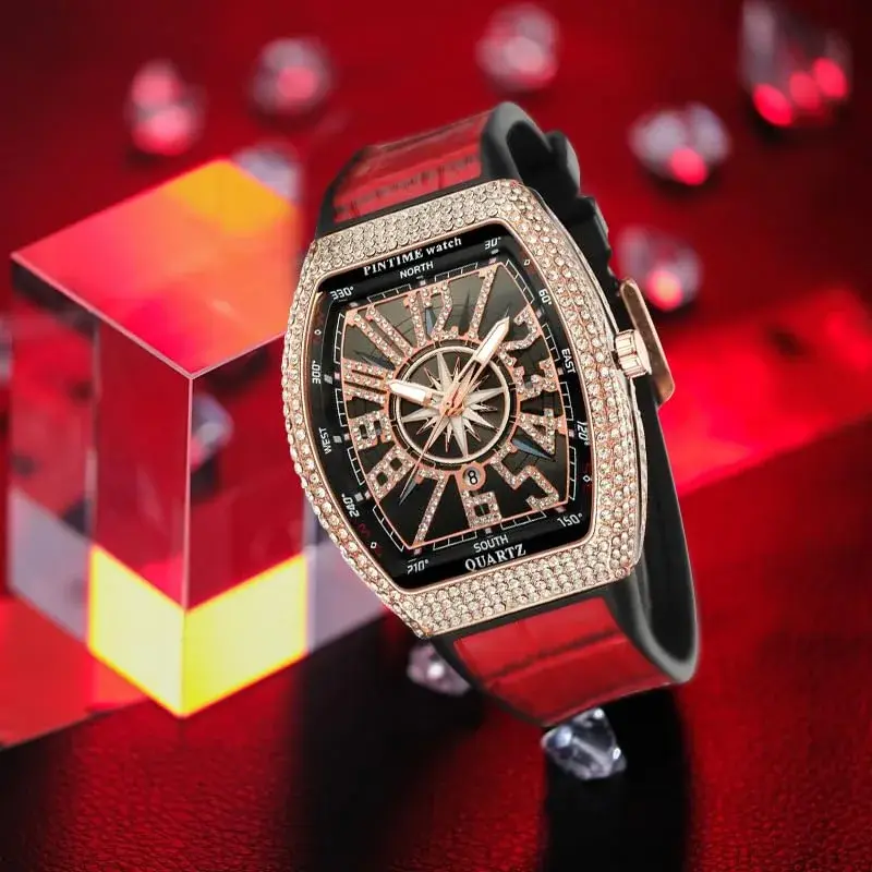 FANMIS Men's Rectangle Skull Watch 47mm (Rose Red) | Bling Diamond Dial Quartz - view 6