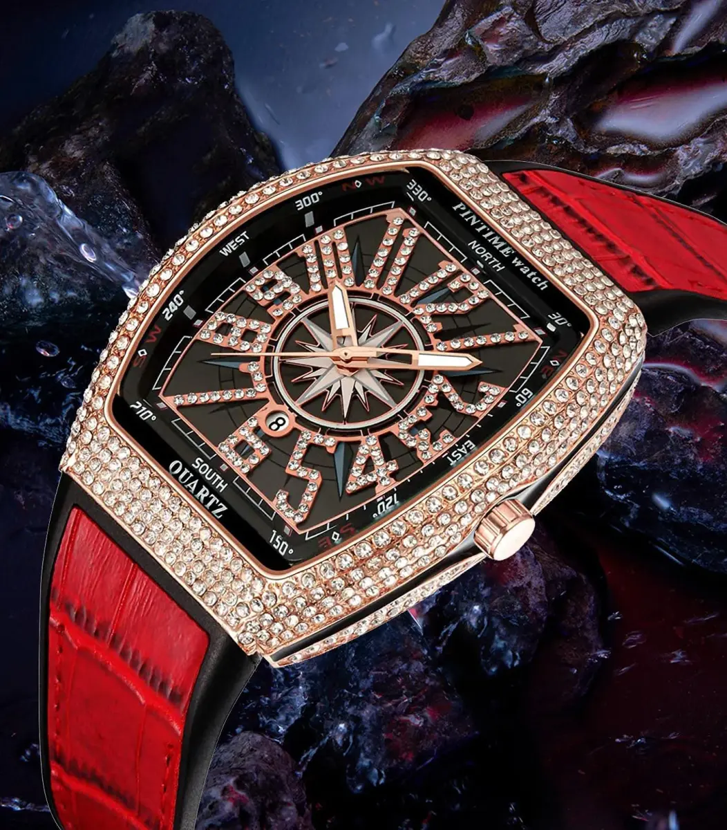FANMIS Men's Rectangle Skull Watch 47mm (Rose Red) | Bling Diamond Dial Quartz - view 2