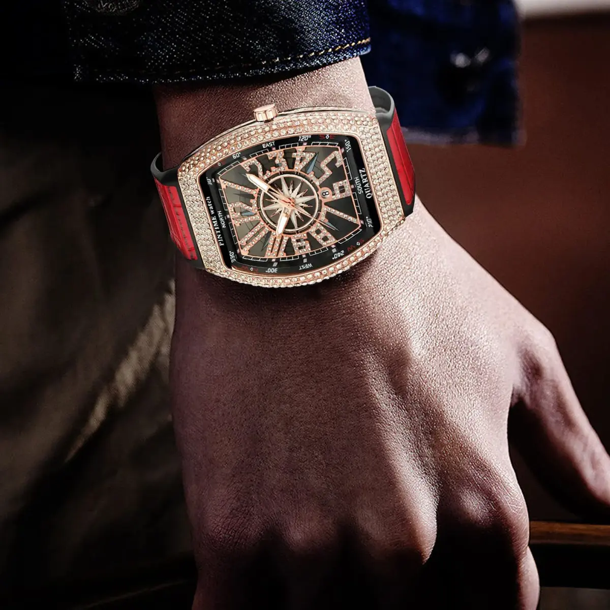 FANMIS Men's Rectangle Skull Watch 47mm (Rose Red) | Bling Diamond Dial Quartz - view 3