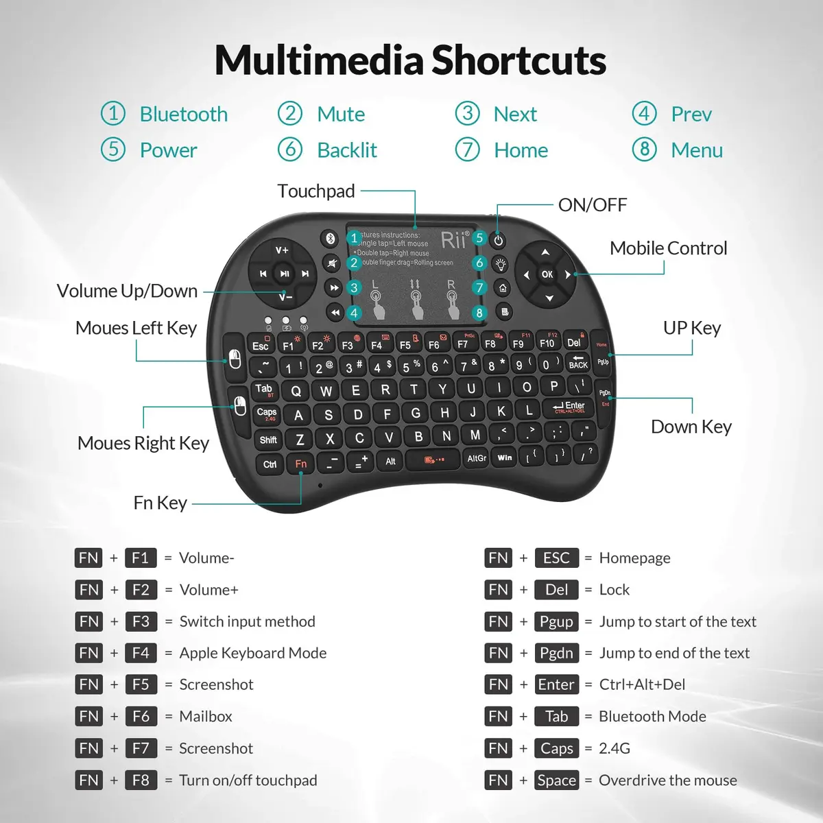 Rii Mini Wireless Keyboard with Touchpad & Backlit | Portable 92 Keys for Laptop/PC/Tablets - view 5