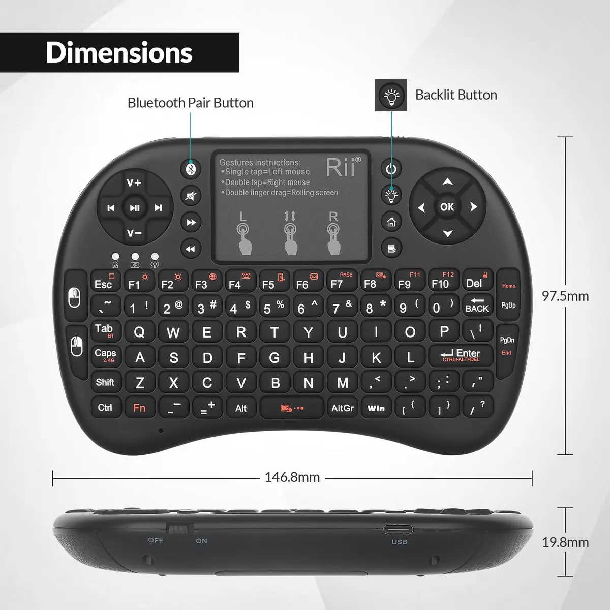Rii Mini Wireless Keyboard with Touchpad & Backlit | Portable 92 Keys for Laptop/PC/Tablets - view 4