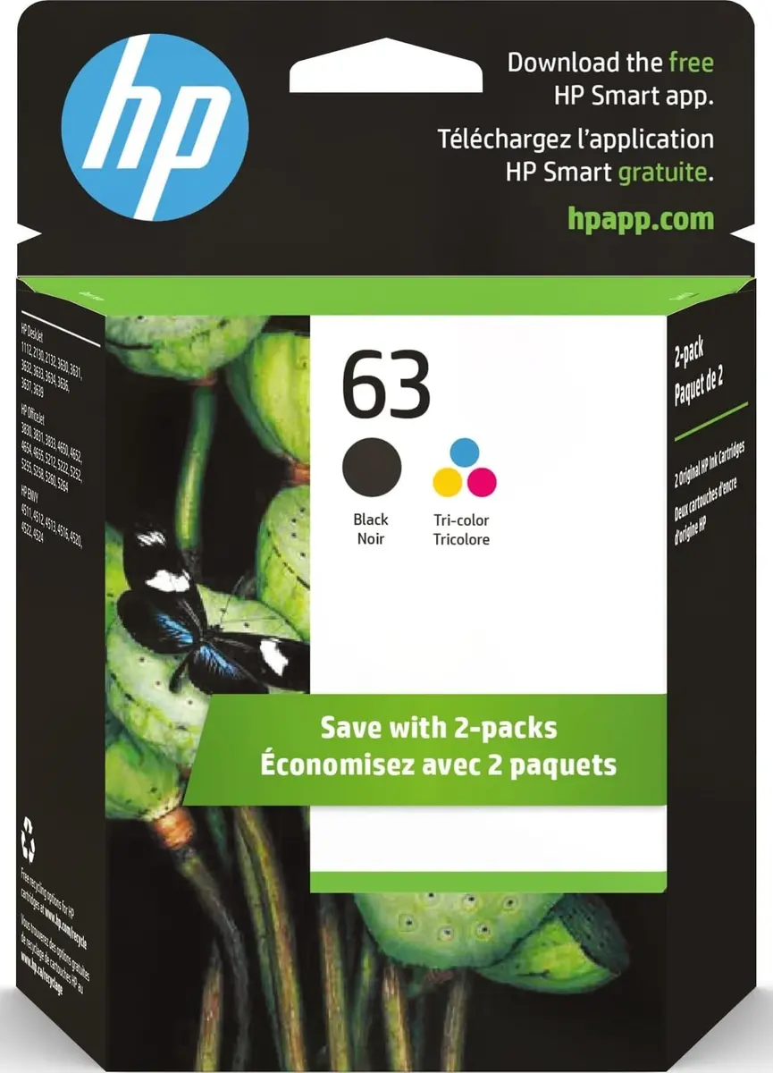 HP 63 Black & Tri-Color Ink Cartridge Printers (2-Pack) | Fade-Resistant Documents & Brilliant Images - main product image