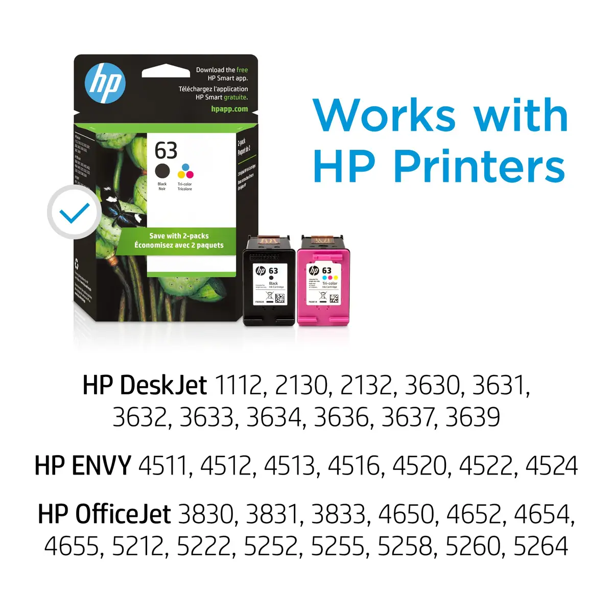 HP 63 Black & Tri-Color Ink Cartridge Printers (2-Pack) | Fade-Resistant Documents & Brilliant Images - view 2