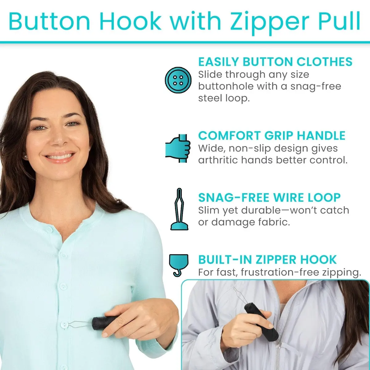 Vive Button Hook with Zipper Pull | Assist Tool for Arthritis & Limited Dexterity (70-120 chars) - view 2