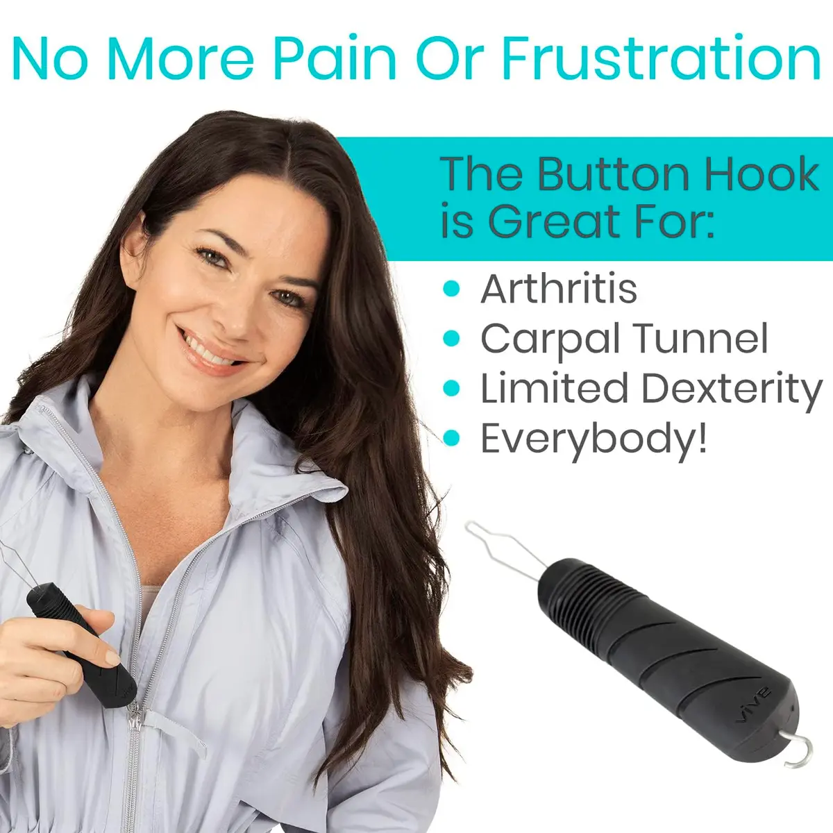 Vive Button Hook with Zipper Pull | Assist Tool for Arthritis & Limited Dexterity (70-120 chars) - view 3