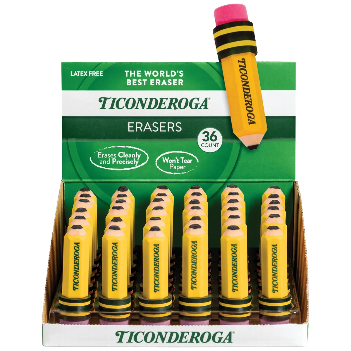 Ticonderoga Pencil Shaped Erasers Yellow 36-Pack | Smudge-Free Corrections - main product image