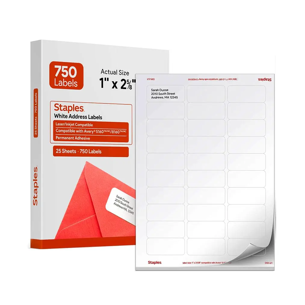 Staples Address Labels 1x2.625 Inch White | Laser & Inkjet Compatible, 750 Labels - main product image
