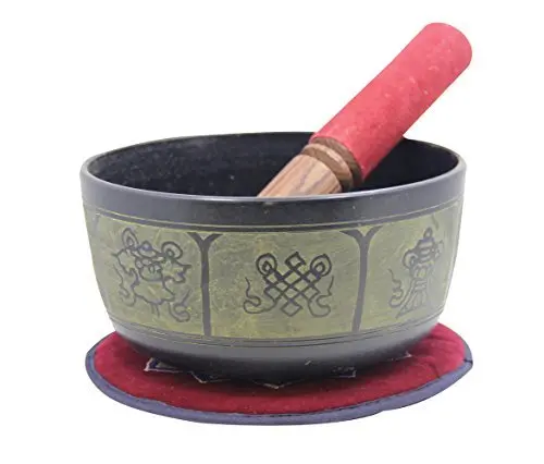 DharmaObjects Yoga Meditation 6 Inches 8 Lucky Symbols Singing Bowl/ Cushion/ Leather Mallet Gift Set (Black) | Deep Relaxation & Chakra Balance - view 2