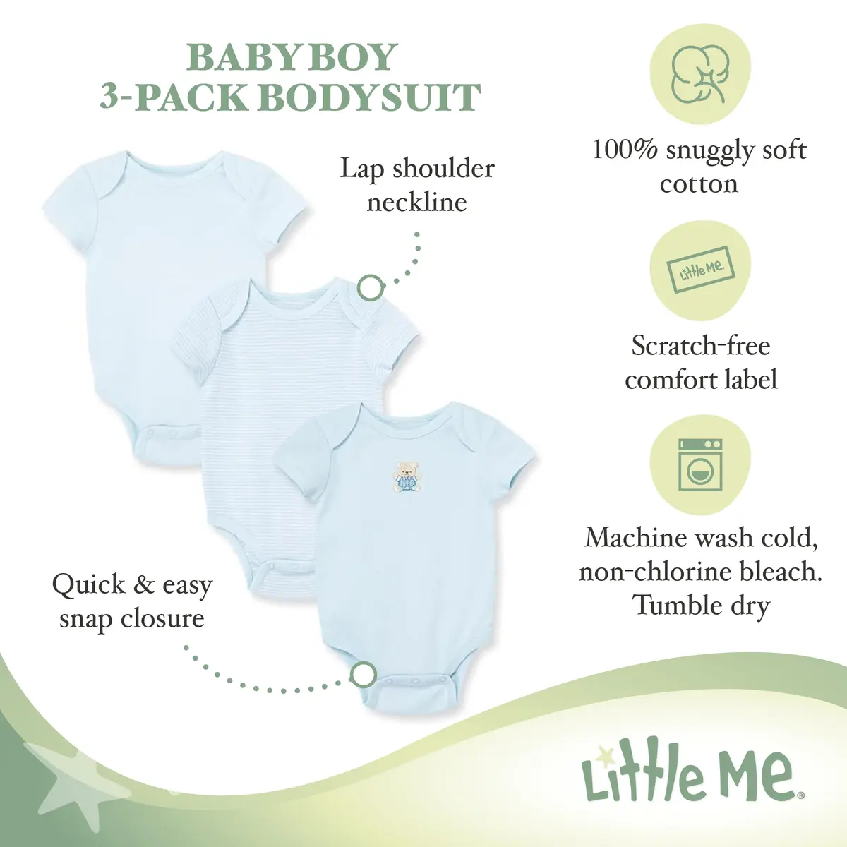 Little Me Baby-Boys Bodysuit 3 Pack | Soft Cotton, Newborn to 9M - view 3
