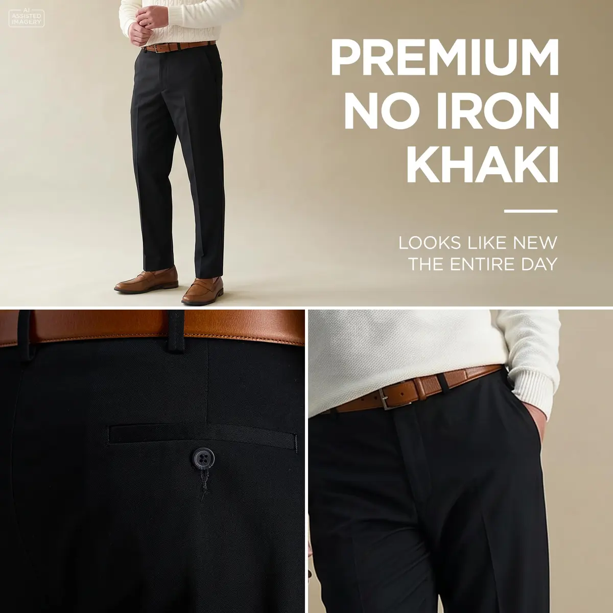 Haggar Premium No Iron Khaki Classic Fit Expandable Waist Flat Front Pant, Black, 42x29 | Versatile Business & Casual Style - view 3