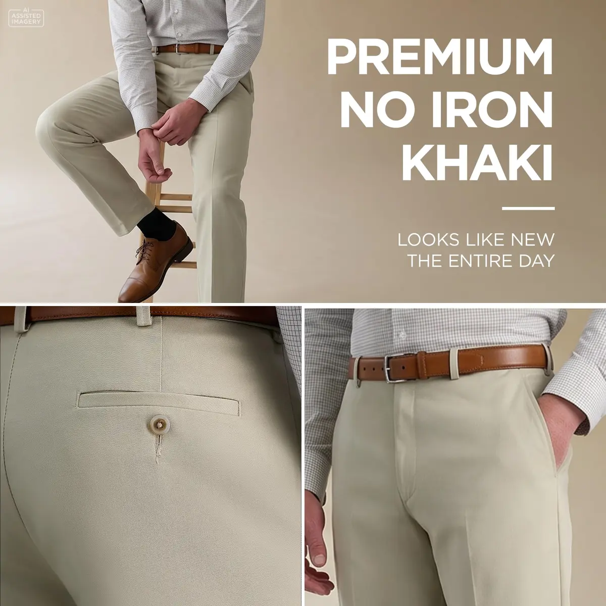 Haggar Premium No Iron Khaki Classic Fit Expandable Waist Flat Front Pant, Sand, 38W x 30L | Versatile, Easy-Care Dress Pant for Men - view 3