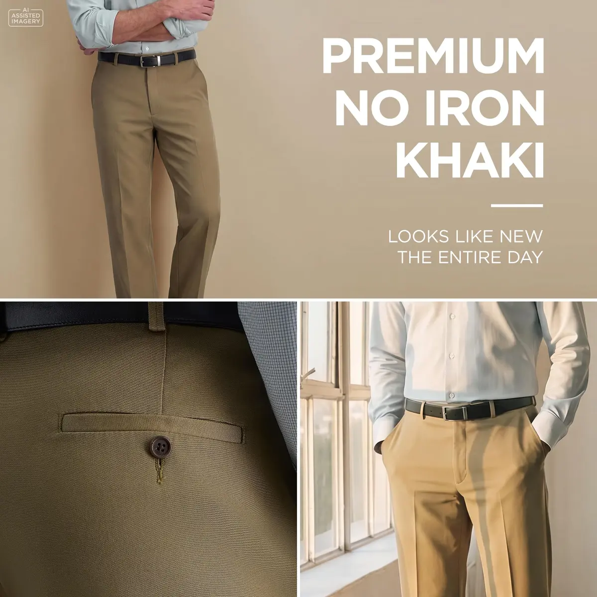 Haggar Premium No Iron Khaki Classic Fit Expandable Waist Flat Front Pants 36W x 34L | Versatile, Easy-Care Khakis for Men - view 3