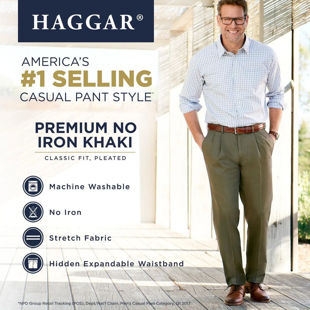 Haggar Men's Classic Fit Premium No Iron Khaki Pleated Pant | Stretch Cotton Blend, Hidden Expandable Waistband, Business Casual - view 3