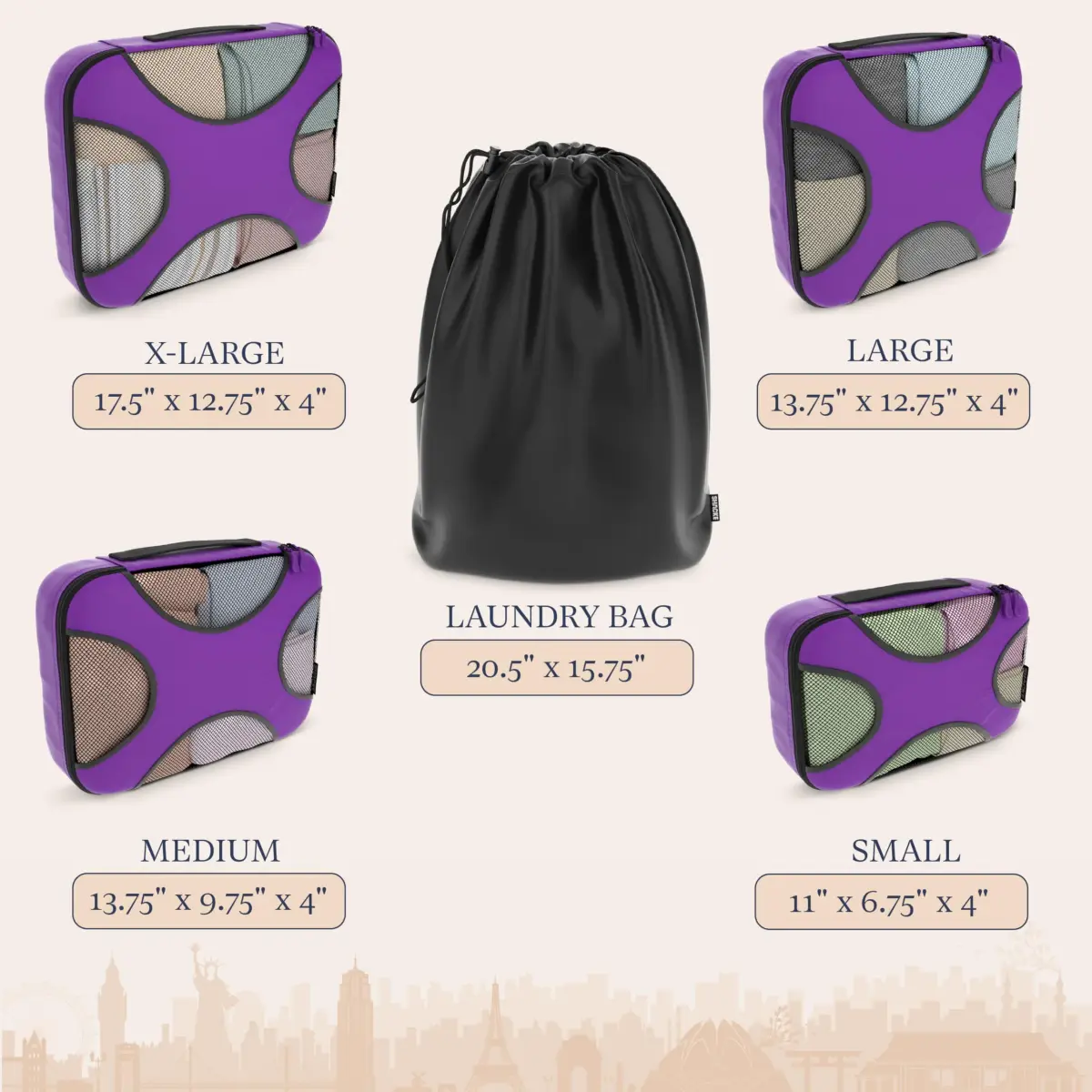 Shacke Packing Cubes for Travel with Laundry Bag, 5-Piece Set, Orchid Purple | Structured & Stackable Luggage Organizers - view 4