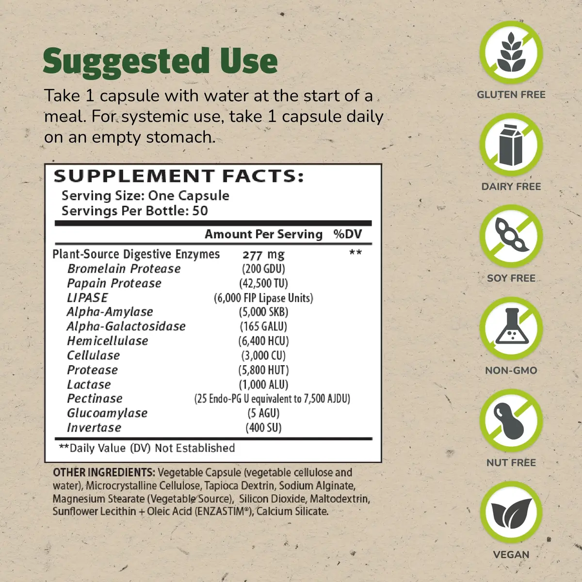 ENZALASE Probiotic Enzymes 50 Capsules | Digestive Boost & Gas Relief, Gluten Free, 150 Servings - view 2