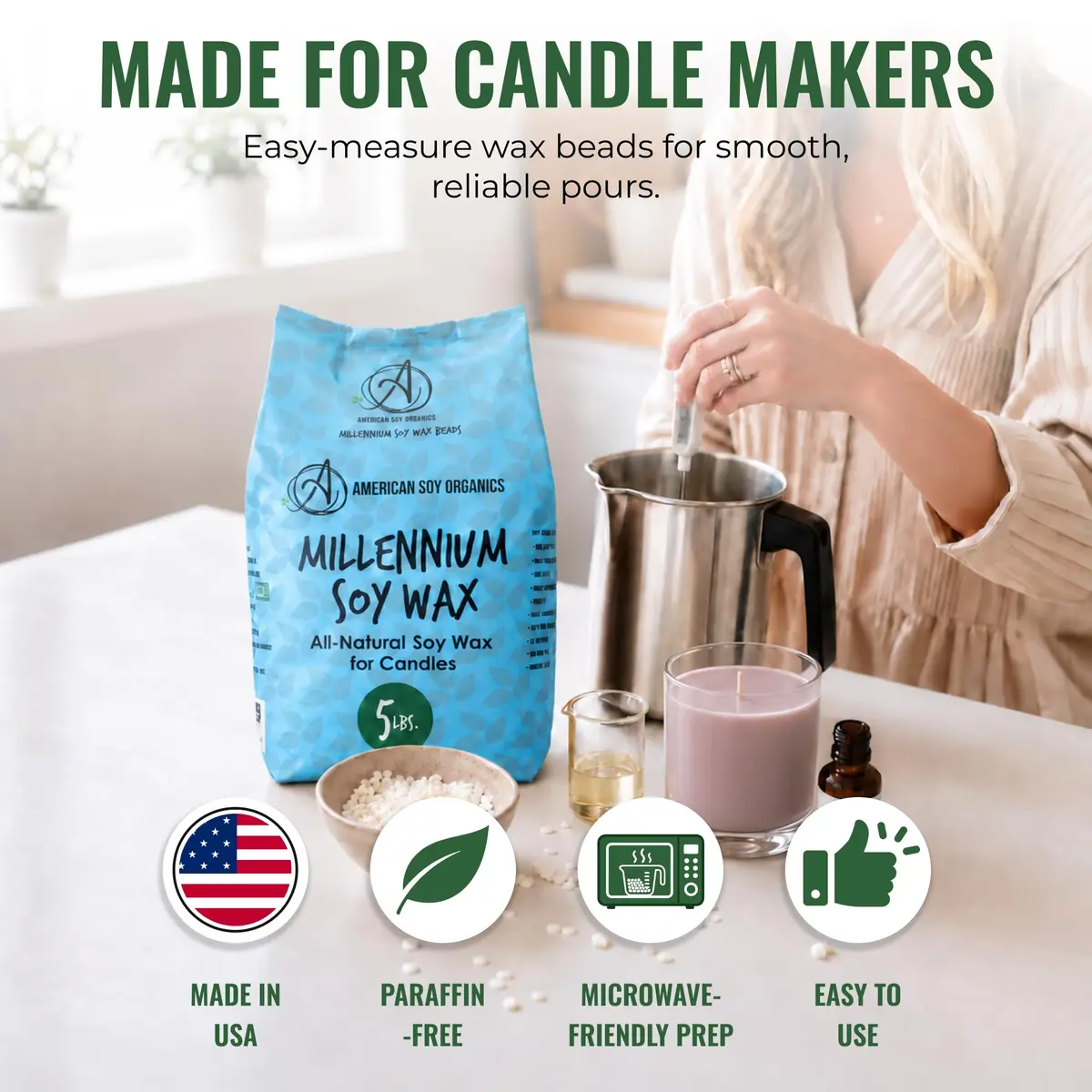 American Soy Organics Millennium Soy Wax Beads 5 lbs | Paraffin-Free Candle Wax for Home & Small Batch Crafts - view 6