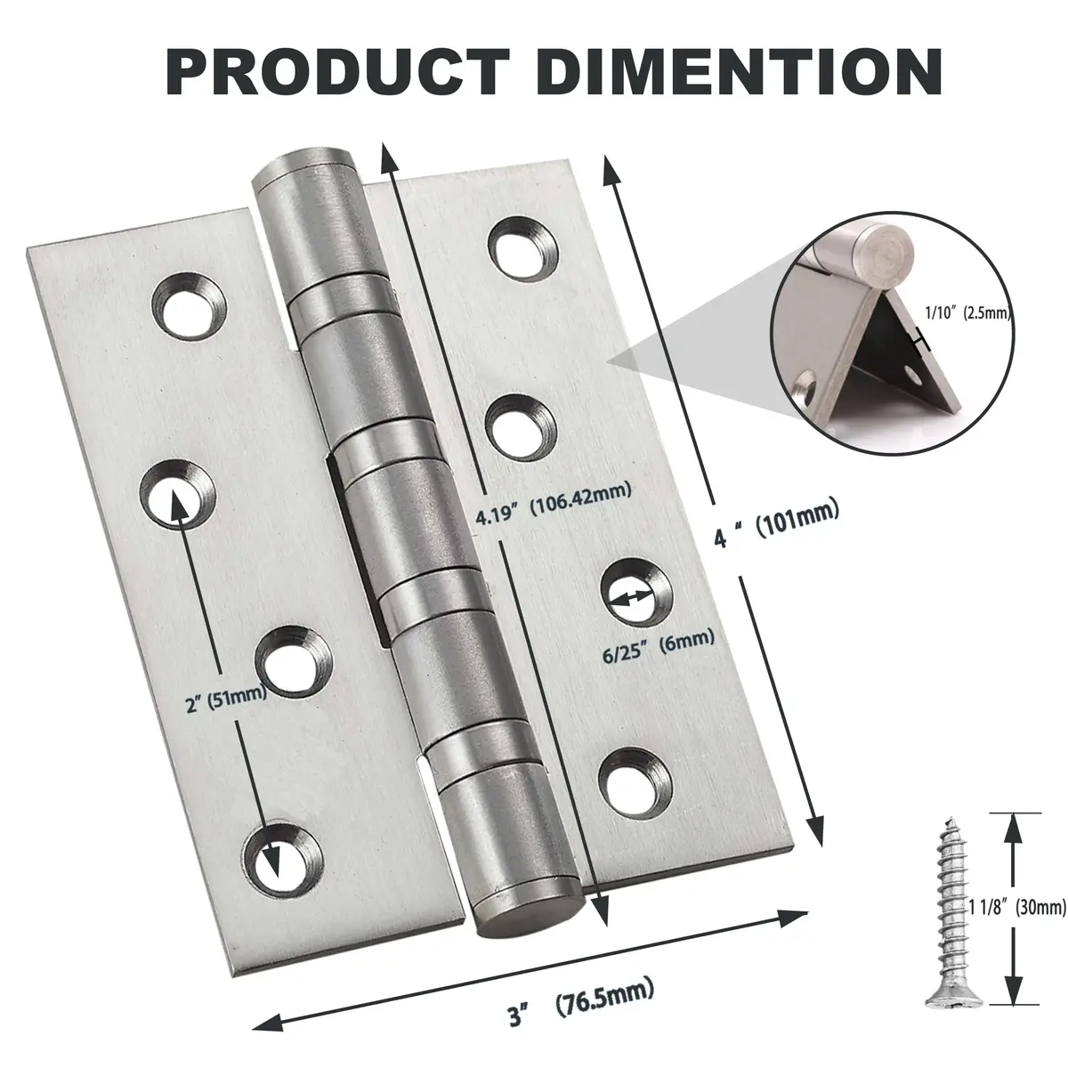 TOGU Brushed Nickel Door Hinge 4" x 3" | Heavy Duty Stainless Steel (70-120 chars) - view 7