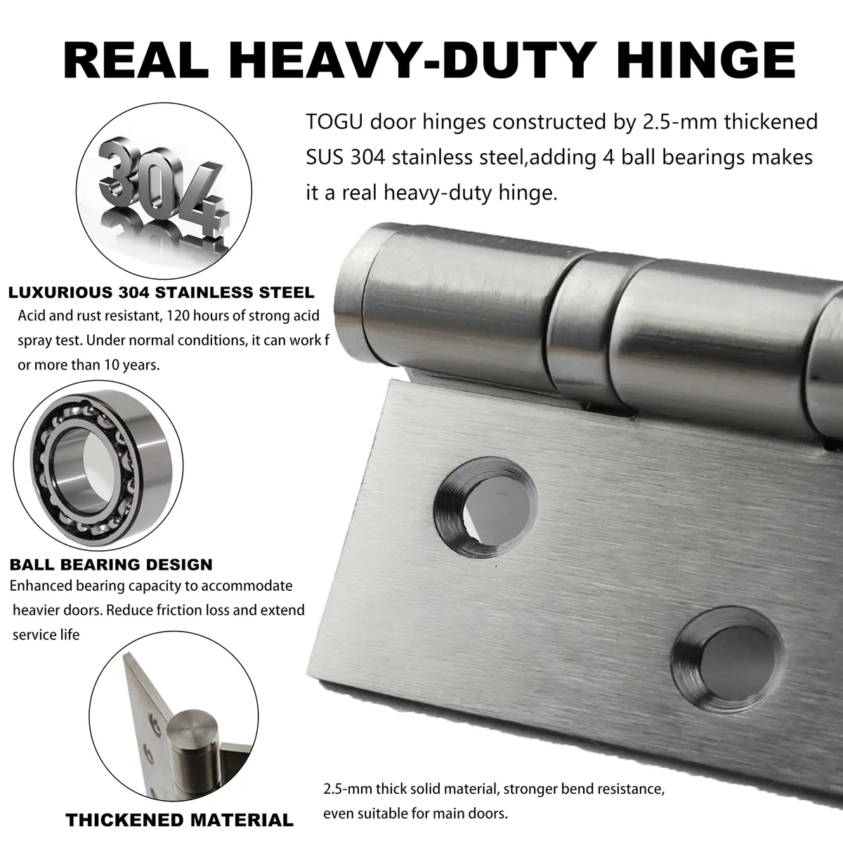 TOGU Brushed Nickel Door Hinge 4" x 3" | Heavy Duty Stainless Steel (70-120 chars) - view 2