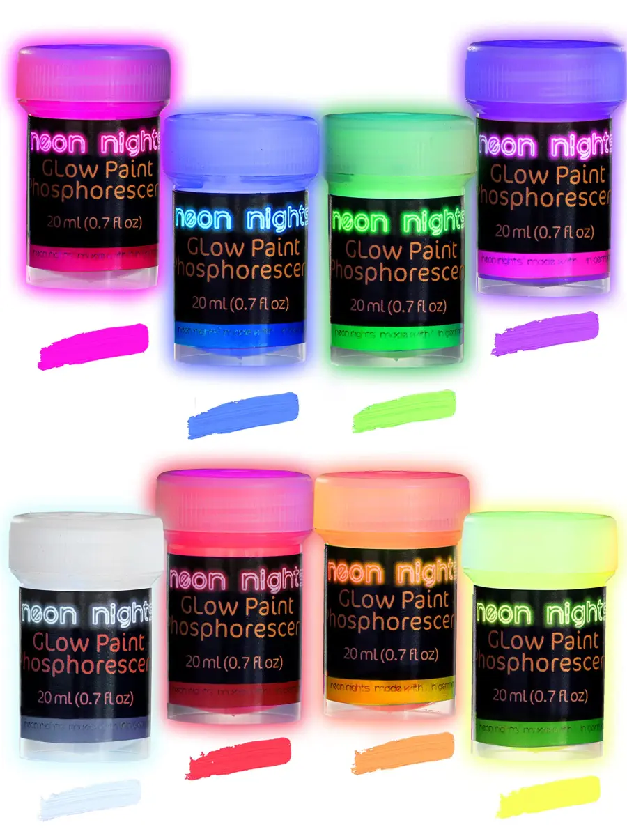 neon nights Glow in The Dark Acrylic Paint Set | 8 x 20ml (0.7 fl oz) Bottles | Vibrant Neon & Luminescent Colors - main product image